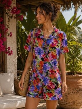 In Charge Vintage 90s Retro Colorful Floral Print Short Sleeve Romper Medium